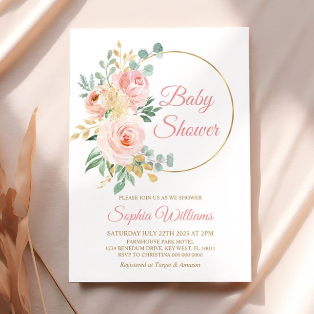 Invitación Rubor Flores rosas y Baby Shower dorado (Subido por el creador)