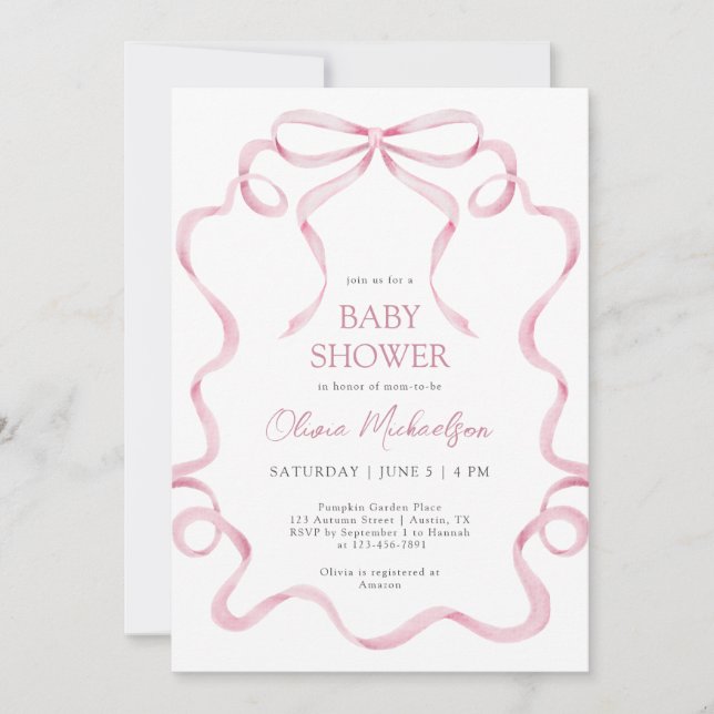 Invitación Rubor Frame Baby Shower con cinta de opciones rosa (Anverso)