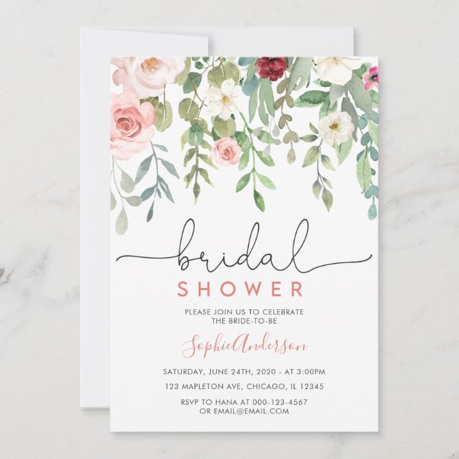 Invitación Rubor Garden Floral Elegante Ducha Bridal (Anverso)