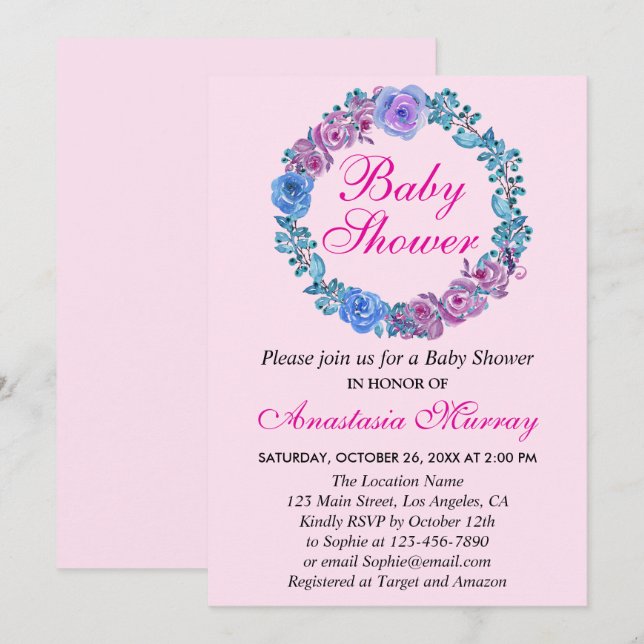 Invitación Rubor Girly Pink Purple Floral Wreath Baby Shower (Anverso / Reverso)