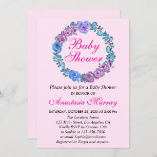 Invitación Rubor Girly Pink Purple Floral Wreath Baby Shower