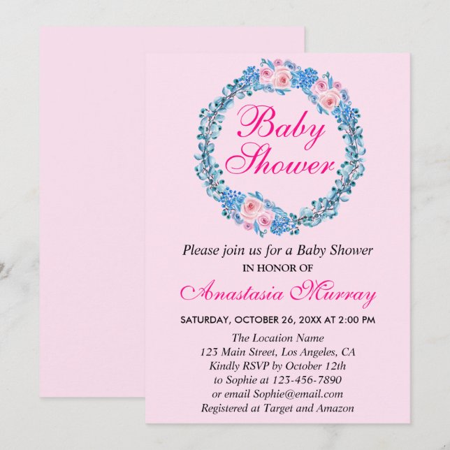 Invitación Rubor Girona rosa y azul floral Wreath Baby Shower (Anverso / Reverso)