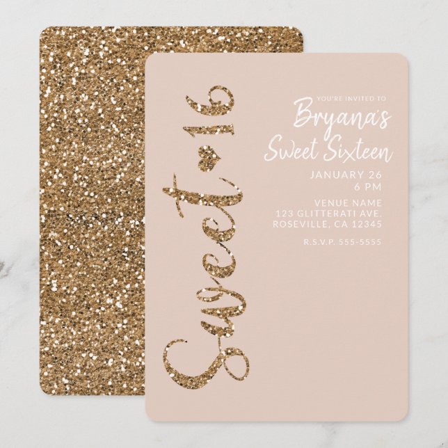 Invitación Rubor Glitter Rose Gold Dulce 16 Dieciséis Fiesta (Anverso / Reverso)