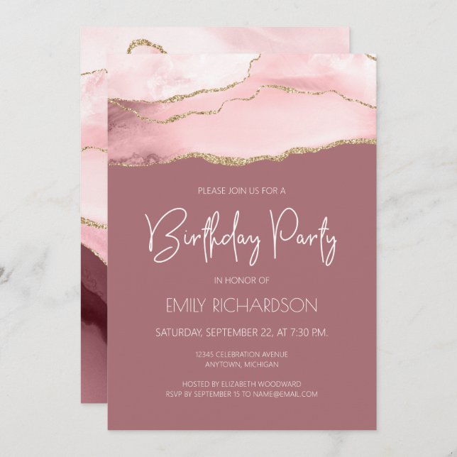Invitación Rubor Gold Agate Dusty Rosa Cualquier Año Cumpleañ (Anverso / Reverso)