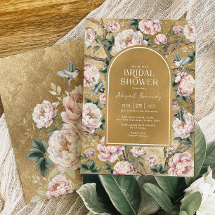 Invitación Rubor Gold Chinoiserie Peony Floral Bridal Shower