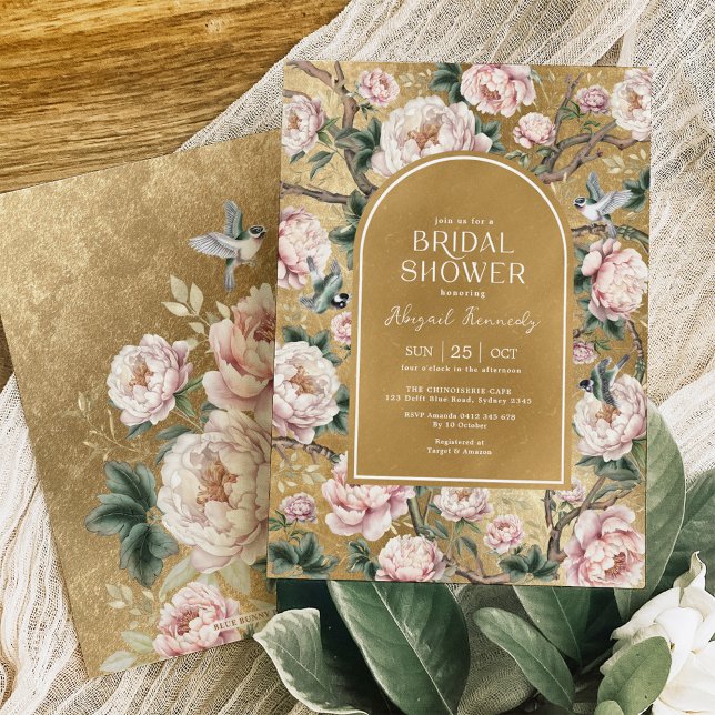 Invitación Rubor Gold Chinoiserie Peony Floral Bridal Shower (Subido por el creador)