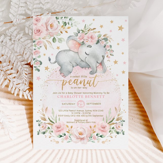 Invitación Rubor Gold Elephant Floral Moon Stars Baby Shower (Subido por el creador)