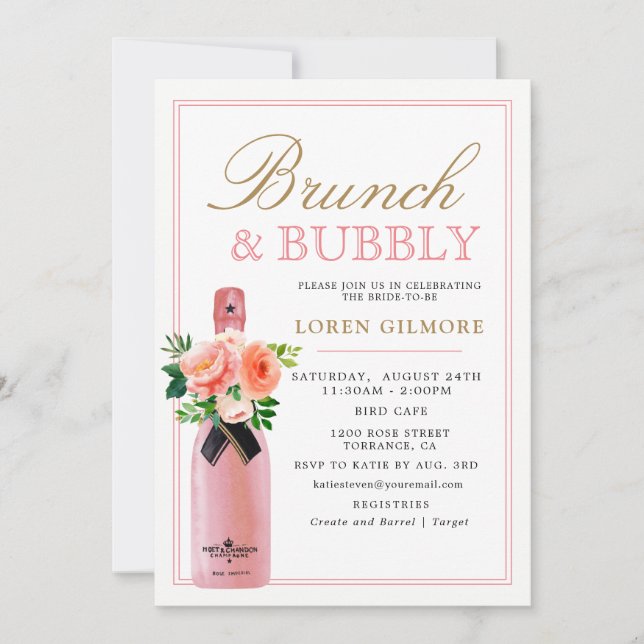 Invitación Rubor Gold Floral Brunch y Bubbly Bridal Shower (Anverso)