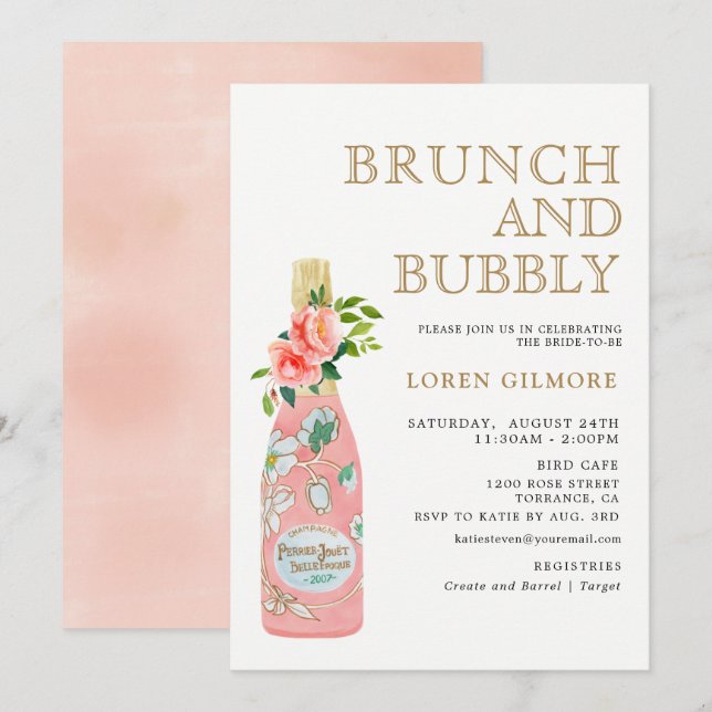 Invitación Rubor Gold Floral Brunch y Bubbly Bridal Shower (Anverso / Reverso)