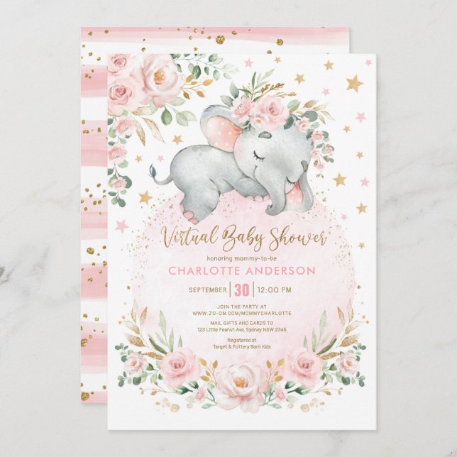 Invitación Rubor Gold Floral Elephant Virtual Baby Shower (Anverso / Reverso)