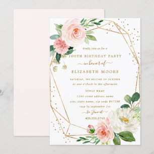Invitación Rubor Gold Floral Geometric 100th Birthday Invite