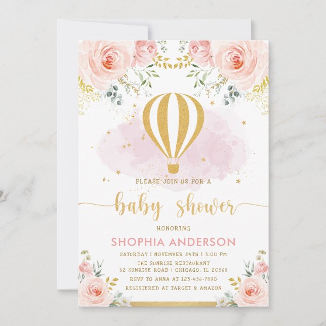 Invitación Rubor Gold Floral Hot Air Balloon Chica Baby Showe (Anverso)