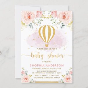 Invitación Rubor Gold Floral Hot Air Balloon Chica Baby Showe