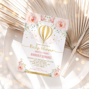 Invitación Rubor Gold Floral Hot Air Balloon Chica Baby Showe