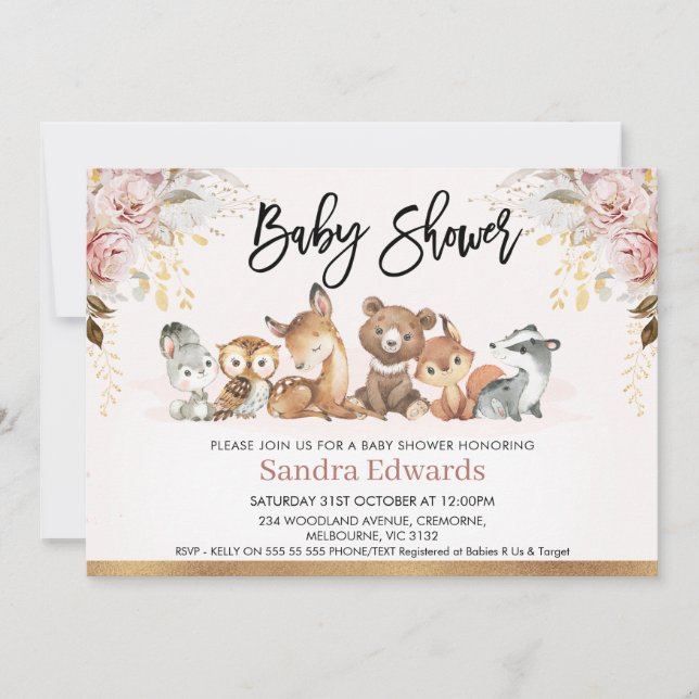 Invitación Rubor Gold Floral Woodland Baby Shower (Anverso)