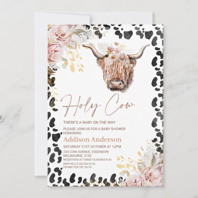 Invitación Rubor Gold Moda Floral Highland Cow Baby Shower (Anverso)