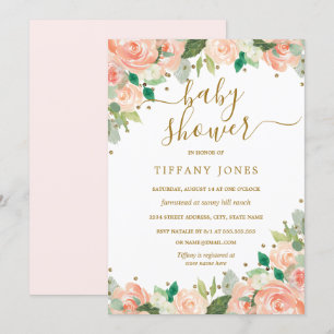 Invitación Rubor Gold Peach Floral Watercolor Baby Shower
