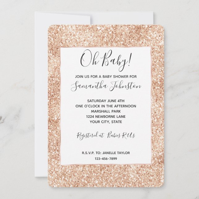 Invitación Rubor Gold Purpurina Baby Shower (Anverso)