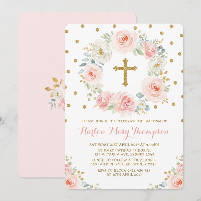 Invitación Rubor Gold Watercolor Floral Baptism Christening (Anverso / Reverso)