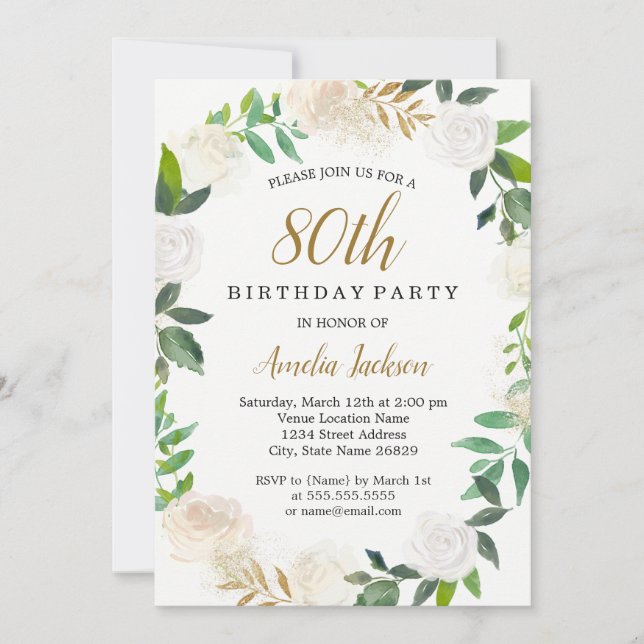 Invitación Rubor Gold Watercolor Wreath Cumpleaños 80 (Anverso)