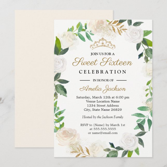 Invitación Rubor Gold Watercolor Wreath Sweet 16 (Anverso / Reverso)