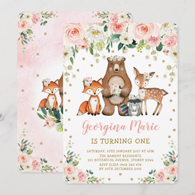 Invitación Rubor Gold Woodland Animales Girly Floral Cumpleañ (Anverso / Reverso)