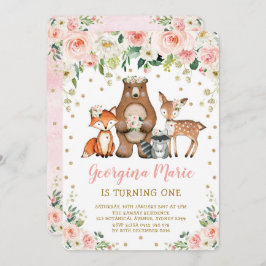 Invitación Rubor Gold Woodland Animales Girly Floral Cumpleañ
