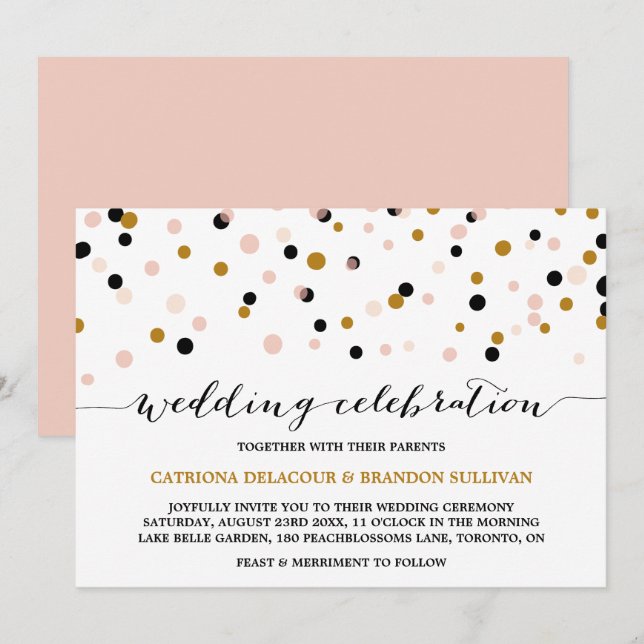 Invitación Rubor, Gold y Black Confetti Dots Modern Boda (Anverso / Reverso)