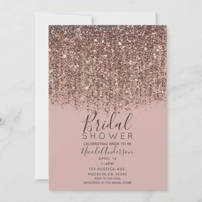 Invitación Rubor Gris Marrón Rosa Bronce Dorado Brillo Fiesta (Anverso)