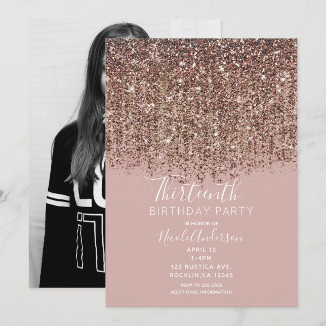 Invitación Rubor Grisáceo Rosa Dorado Cumpleaños con Brillo e (Anverso / Reverso)