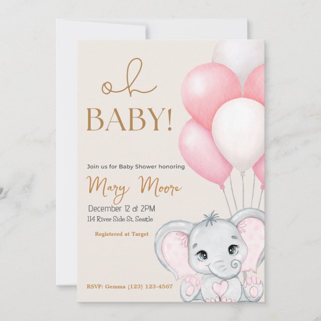 Invitación Rubor Ivory Elephant Pink Balloons Baby Shower (Anverso)