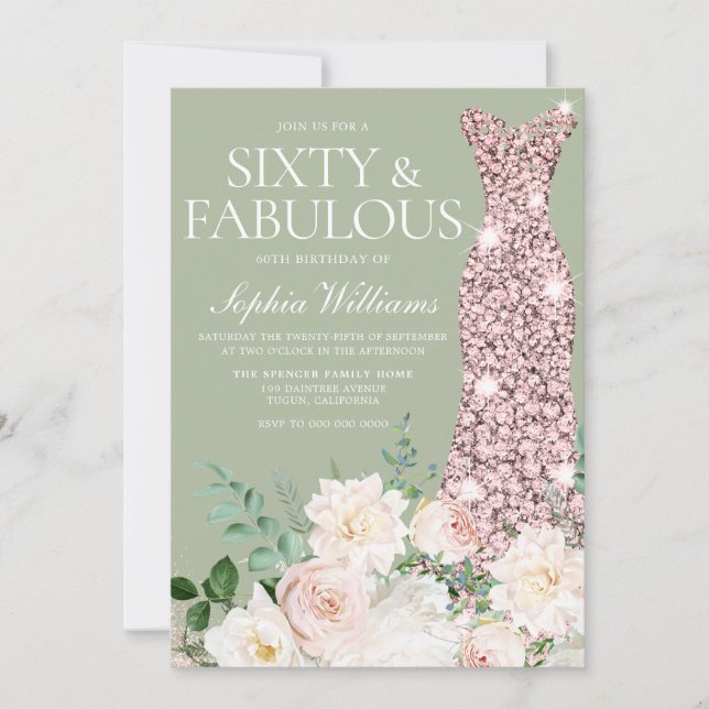 Invitación Rubor Ivory Floral Sage Rosa Gold 60 cumpleaños (Anverso)