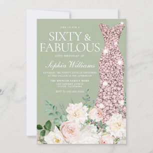 Invitación Rubor Ivory Floral Sage Rosa Gold 60 cumpleaños