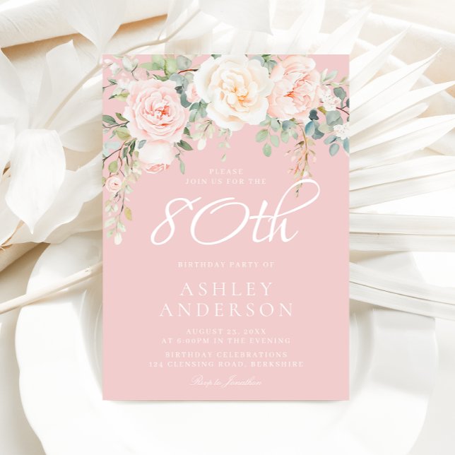 Invitación Rubor & Ivory Flowers 80th Birthday Party (Subido por el creador)