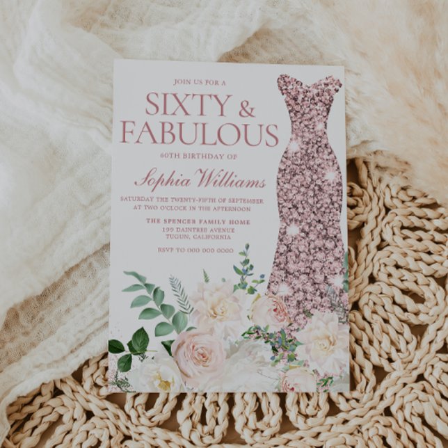 Invitación Rubor & Ivory Flowers Rosa Gold Gown 60 cumpleaños (Subido por el creador)