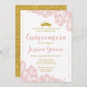 Invitación Rubor Lace y Purpurina Princesa de Oro Quinceañera