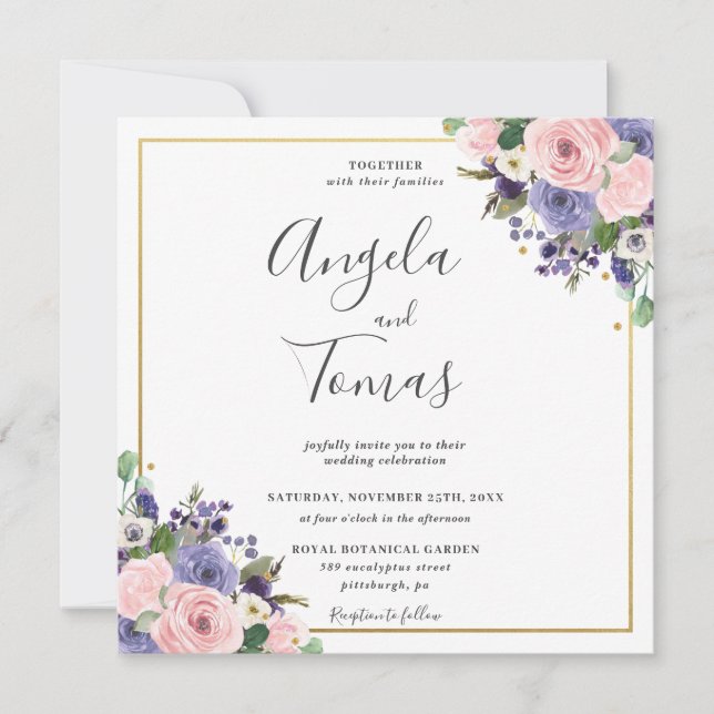 Invitación Rubor Lavender Floral Greenery Boda Gold Square (Anverso)