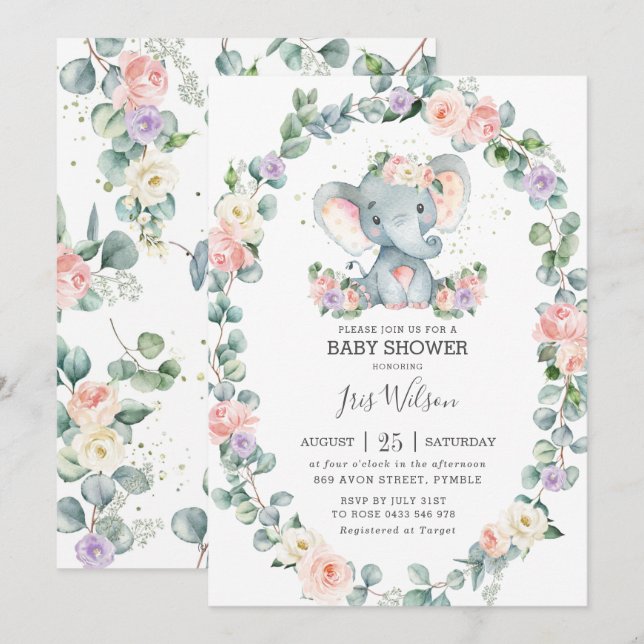 Invitación Rubor Lilac Floral Greenery Elephant Baby Shower (Anverso / Reverso)