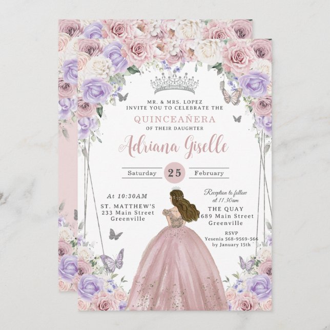 Invitación Rubor Lilac Vestido Floral Blanco Quinceañera XV 1 (Anverso / Reverso)
