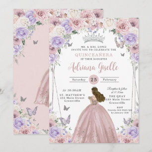 Invitación Rubor Lilac Vestido Floral Blanco Quinceañera XV 1