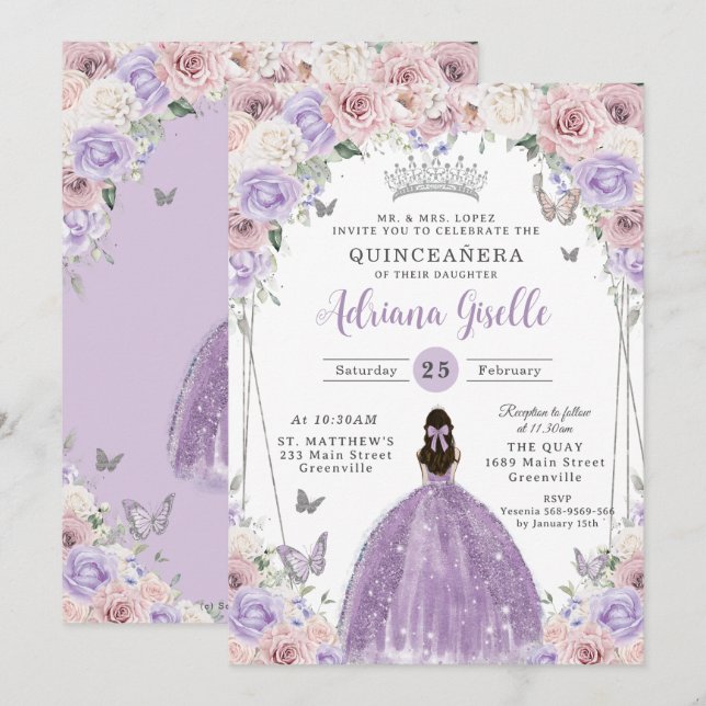 Invitación Rubor Lilac White Floral Silver Quinceañera XV 16 (Anverso / Reverso)