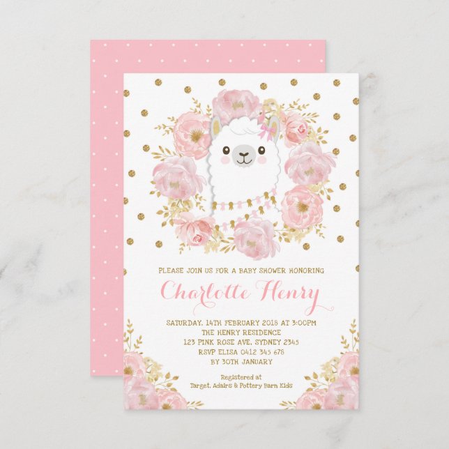 Invitación Rubor Llama Femina Gold Floral Baby Shower rosa (Anverso / Reverso)
