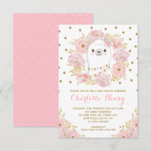 Invitación Rubor Llama Femina Gold Floral Baby Shower rosa