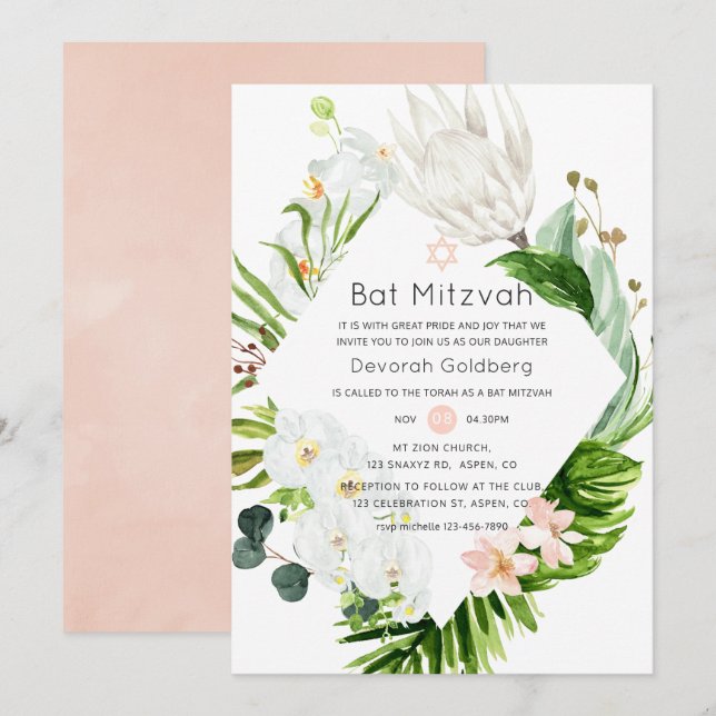 Invitación Rubor Lush Paradise Tropical Floral Bat Mitzvah (Anverso / Reverso)