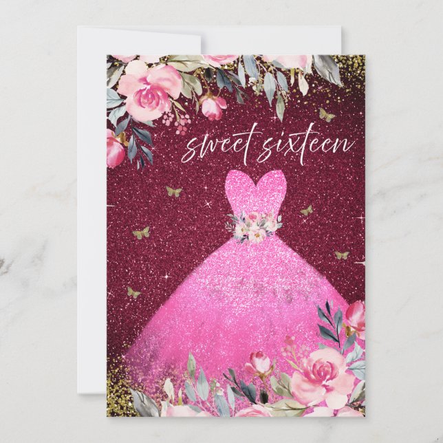 Invitación Rubor mágico vestido de traje rosa dulce floral 16 (Anverso)
