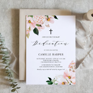 Invitación Rubor Magnolia rosa e hidrangea dedicación de bebé