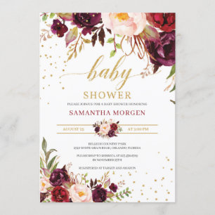 Invitación Rubor marsala oro rosa floral boho de bebé ducha