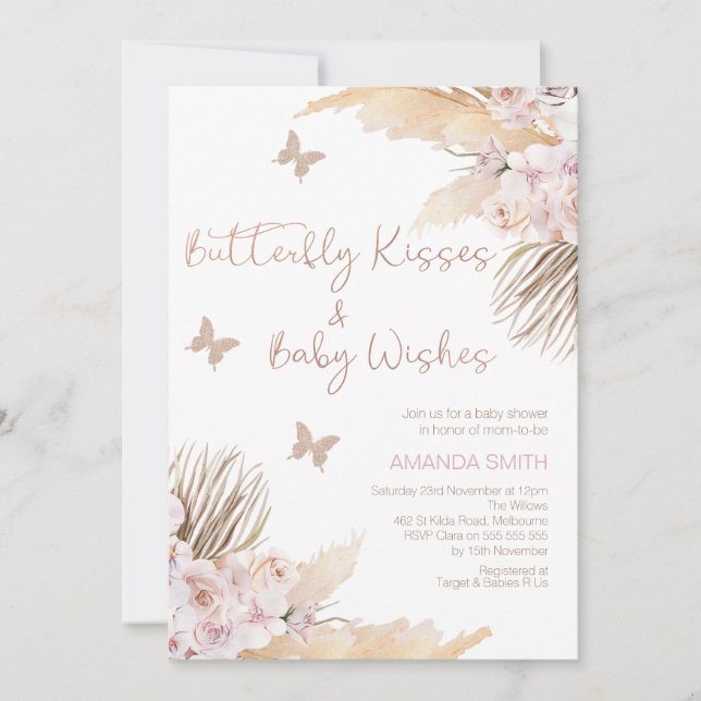 Invitación Rubor Mauve Floral Butterfly besa Baby Shower (Anverso)