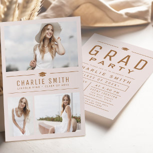 Invitación Rubor Modern Typography 3 Photo Graduation Party