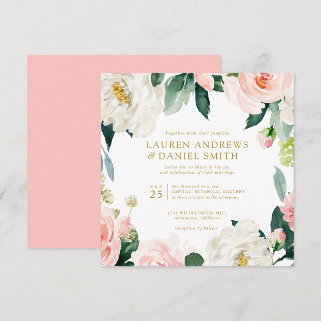 Invitación Rubor moderno | Moda Oro boda de Garland Botánico (Anverso / Reverso)